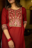 Maroon Sequin Embroidered Neckline and Sleeve Straight Kurti