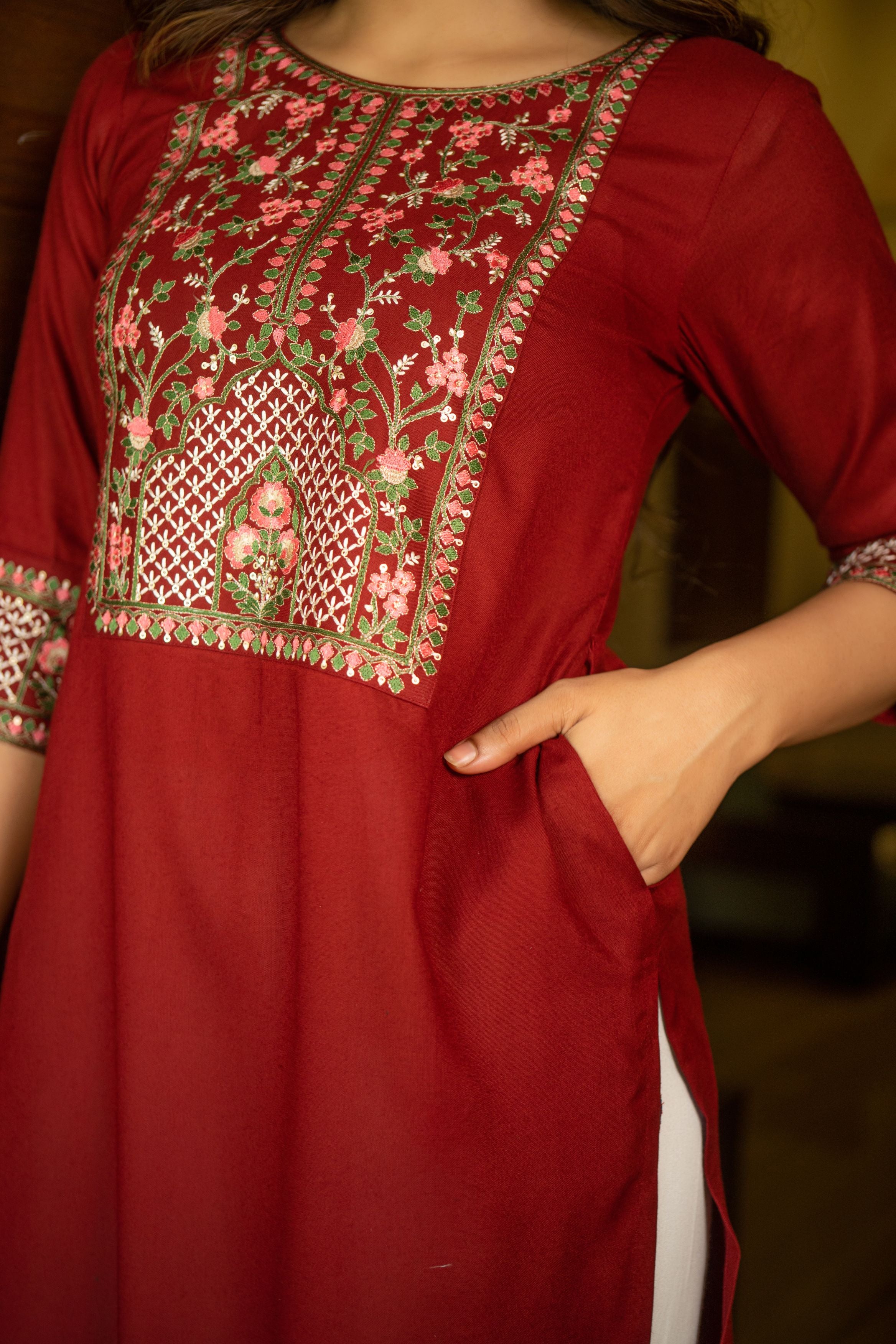 Maroon Sequin Embroidered Neckline and Sleeve Straight Kurti