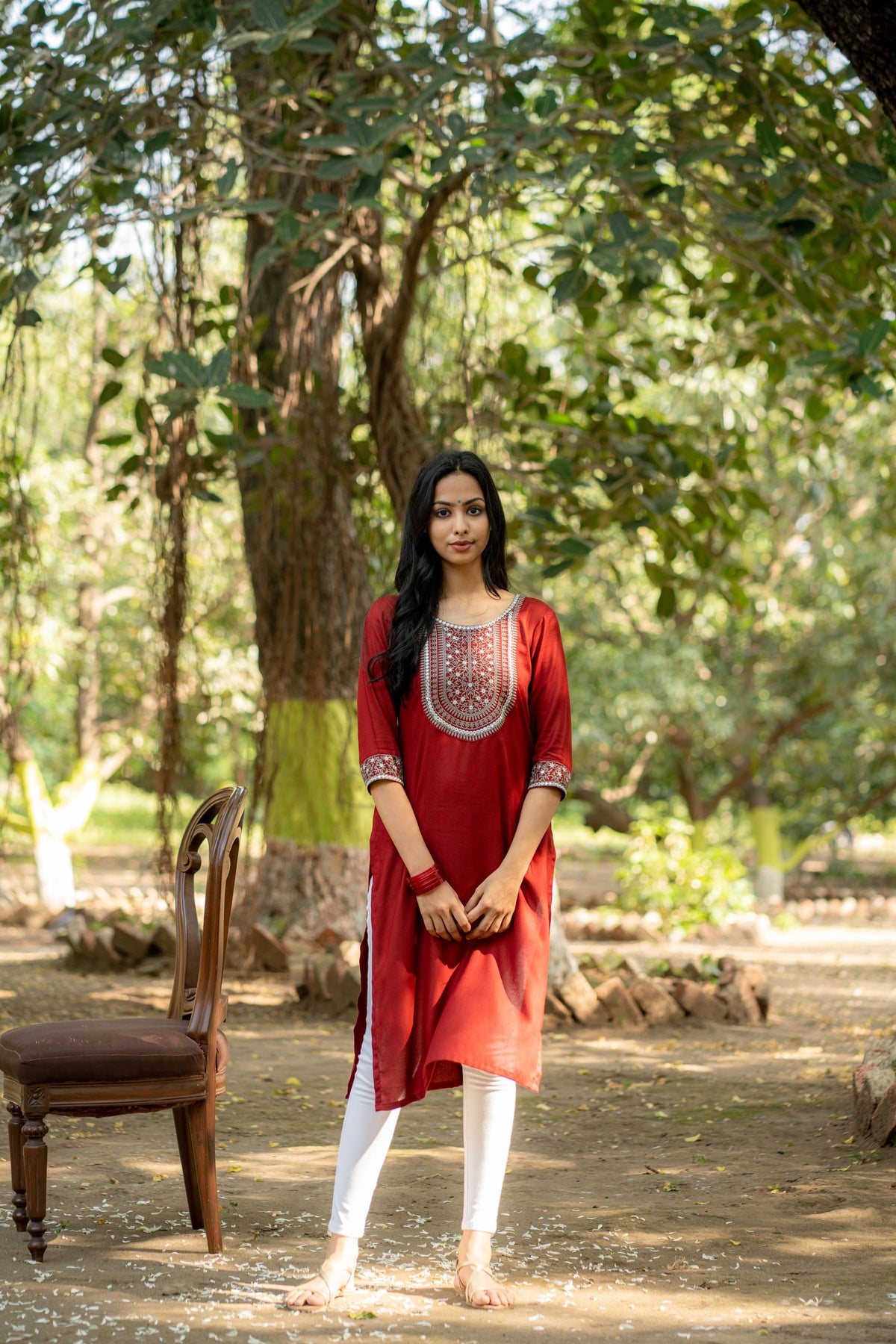 Maroon Straight Kurta with Mirror and Thread Embroidered Neckline and Sleeve