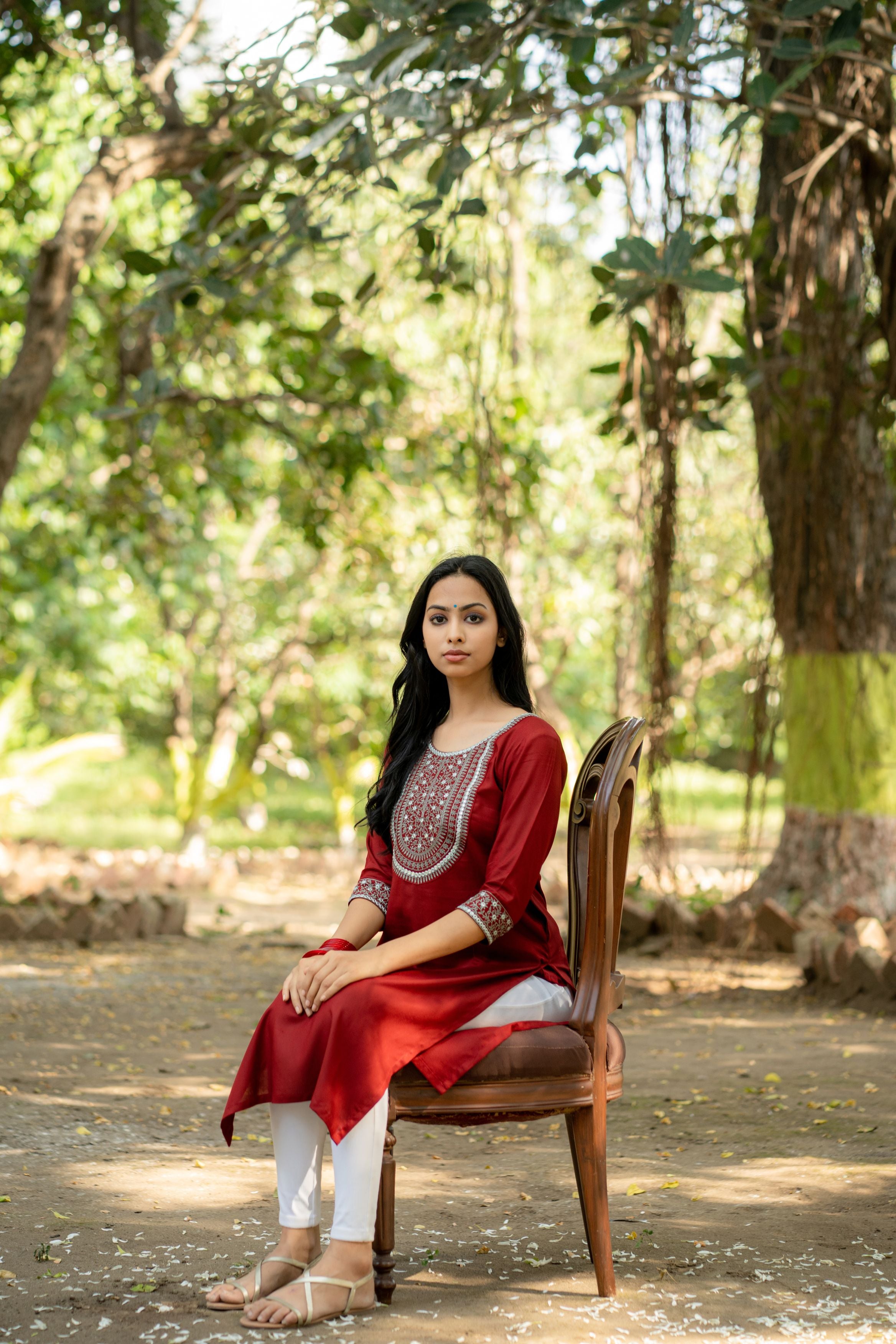 Maroon Straight Kurta with Mirror and Thread Embroidered Neckline and Sleeve