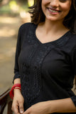 Black Straight Fit Kurti with Embroidered Neckline and Sleeves