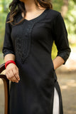 Black Straight Fit Kurti with Embroidered Neckline and Sleeves