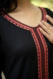 Black Straight Fit Kurti with Maroon Embroidered Neckline and Sleeves