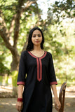 Black Straight Fit Kurti with Maroon Embroidered Neckline and Sleeves