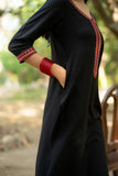 Black Straight Fit Kurti with Maroon Embroidered Neckline and Sleeves