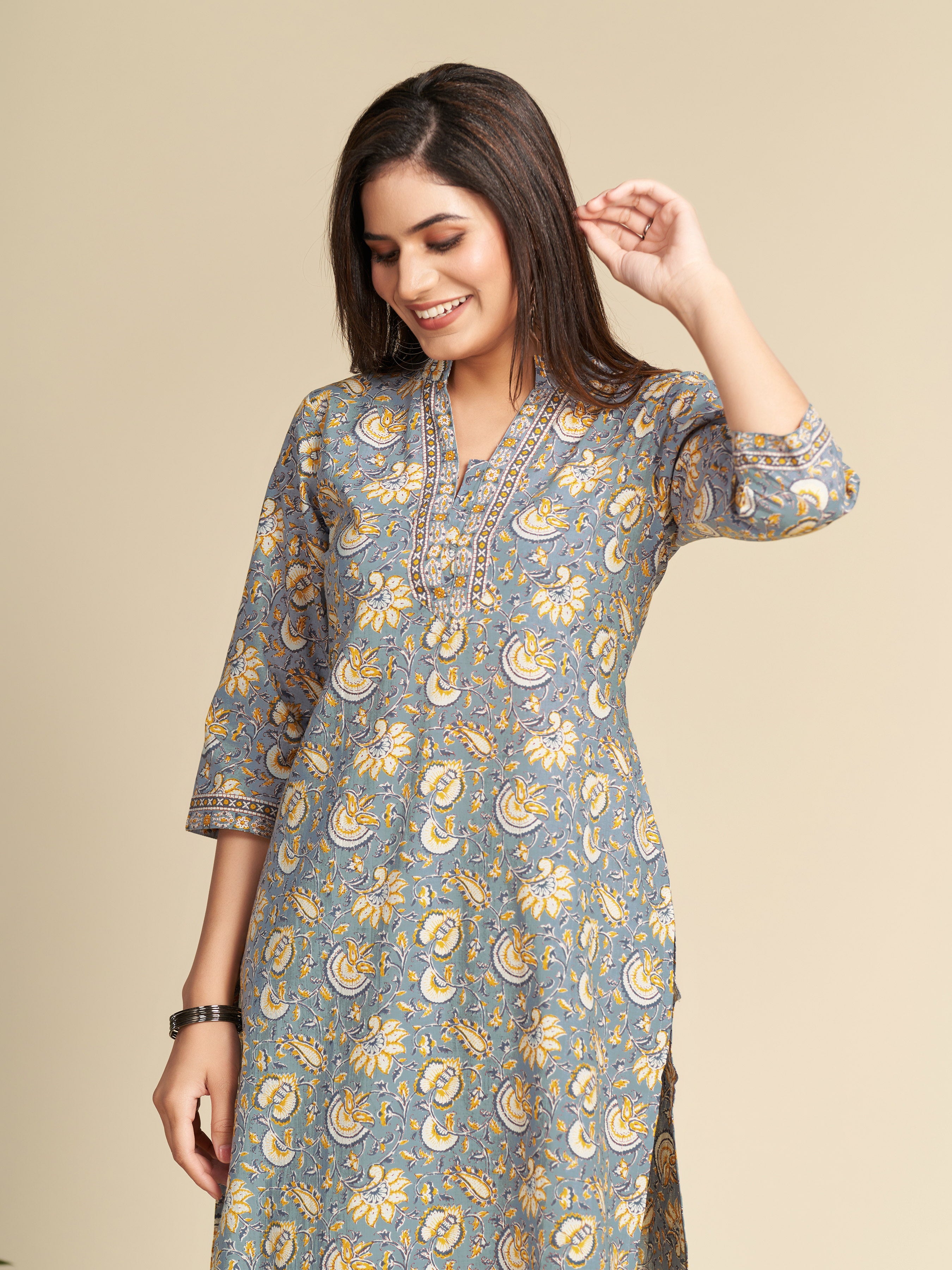 Grey Block Printed Floral Pure Cotton Straight Kurta Set