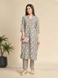 Grey Block Printed Floral Pure Cotton Straight Kurta Set