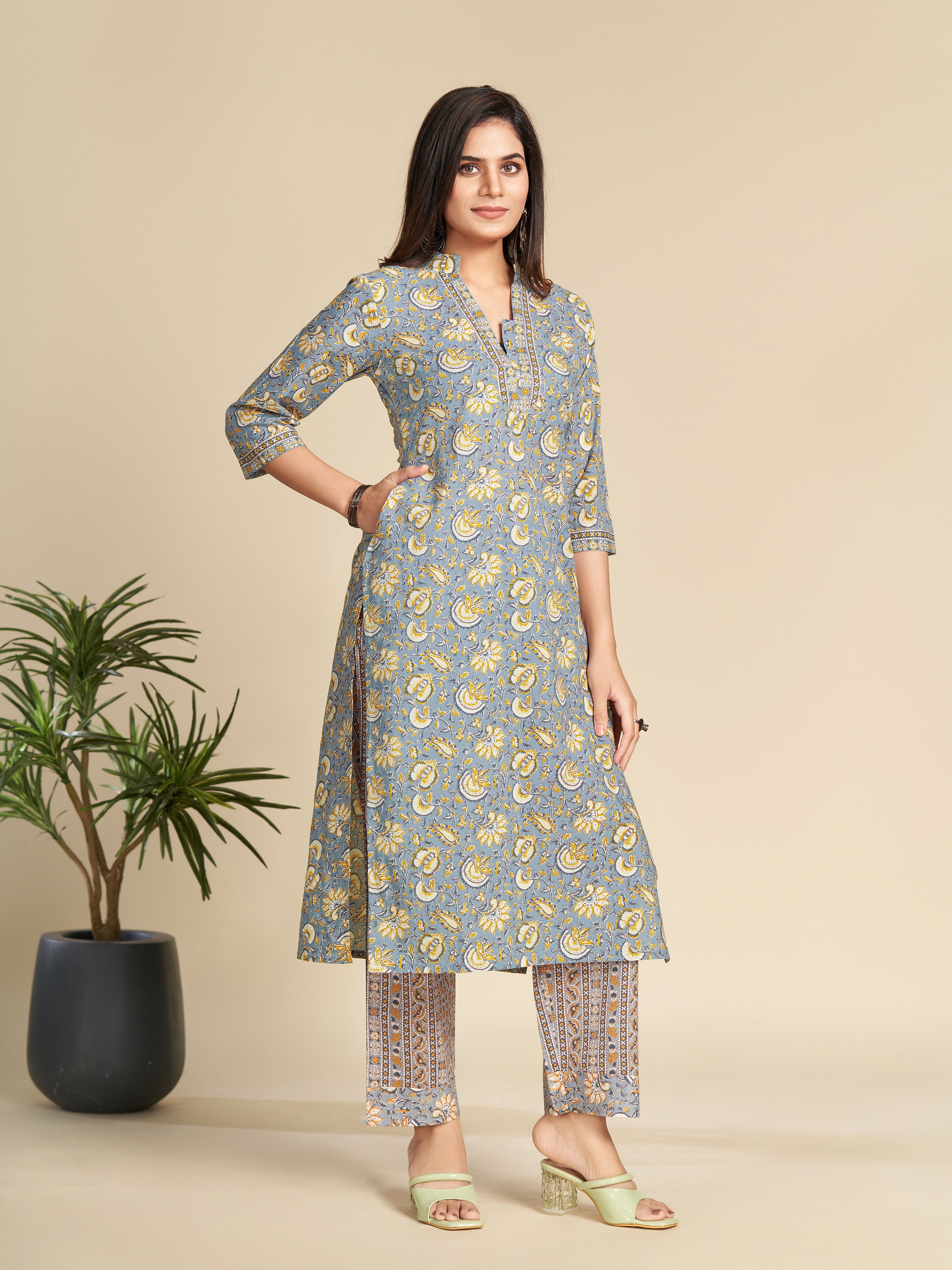 Grey Block Printed Floral Pure Cotton Straight Kurta Set