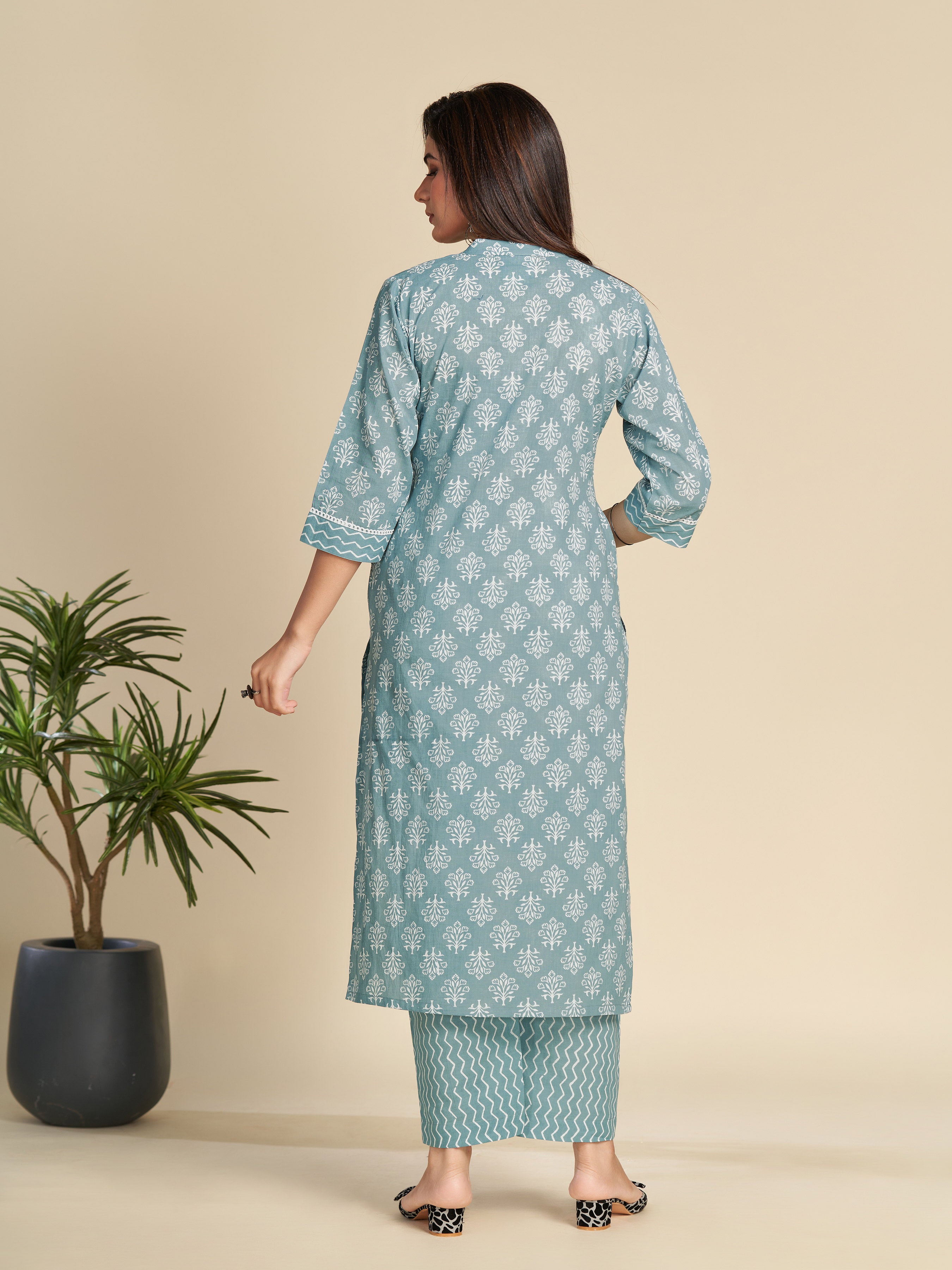 Light Blue Band Collar Printed Pure Cotton Kurta Set