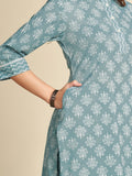 Light Blue Band Collar Printed Pure Cotton Kurta Set