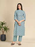 Light Blue Band Collar Printed Pure Cotton Kurta Set