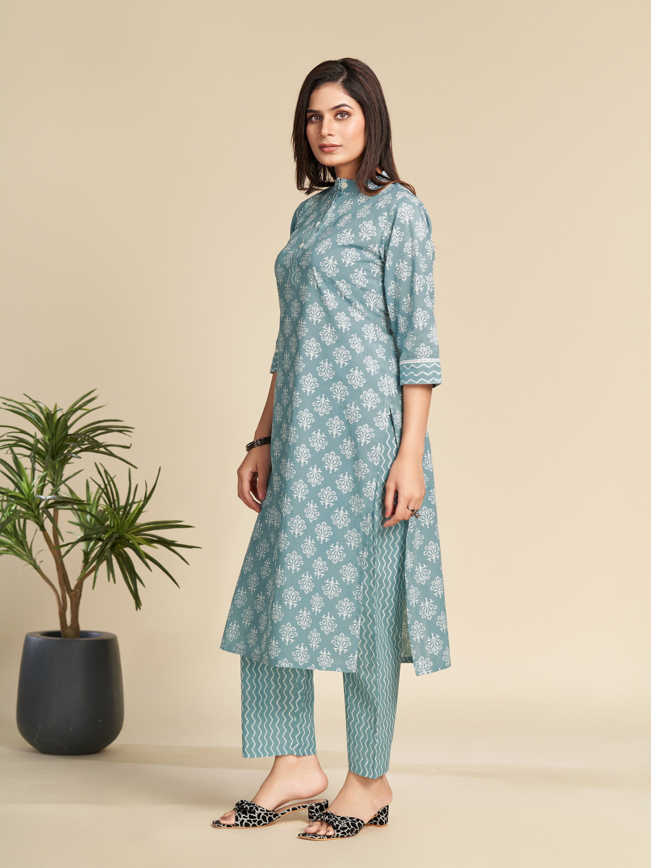 Light Blue Band Collar Printed Pure Cotton Kurta Set