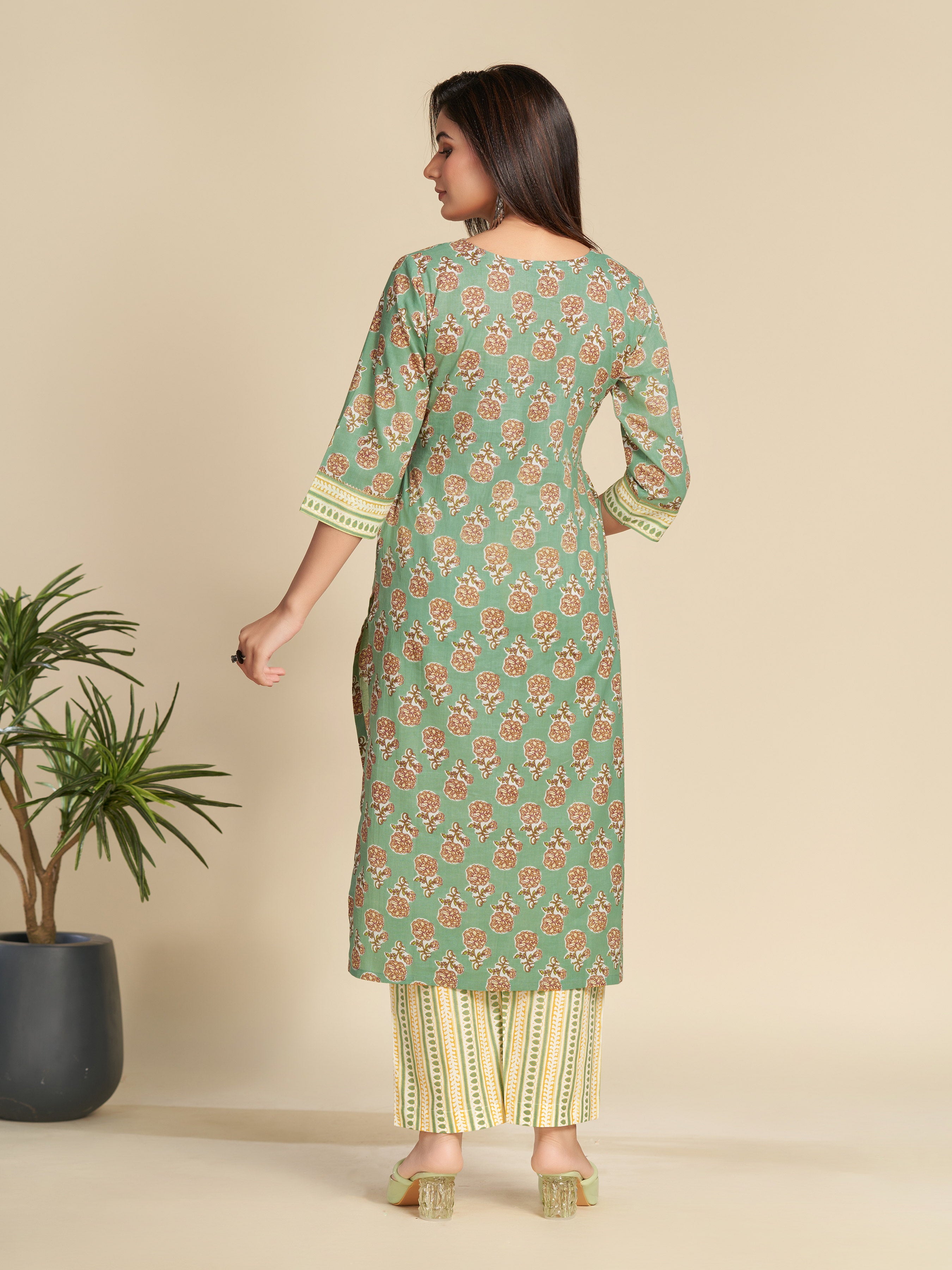 Green Floral Block Printed Pure Cotton Kurta Set