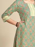 Green Floral Block Printed Pure Cotton Kurta Set