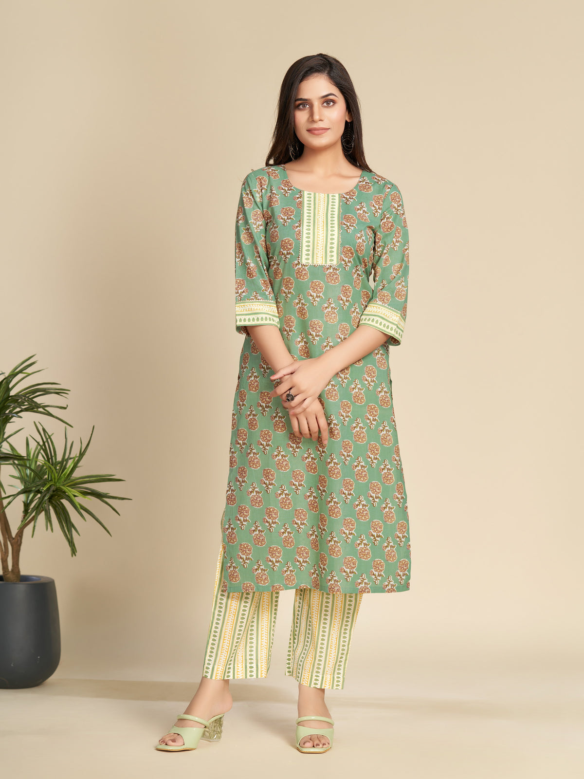 Green Floral Block Printed Pure Cotton Kurta Set