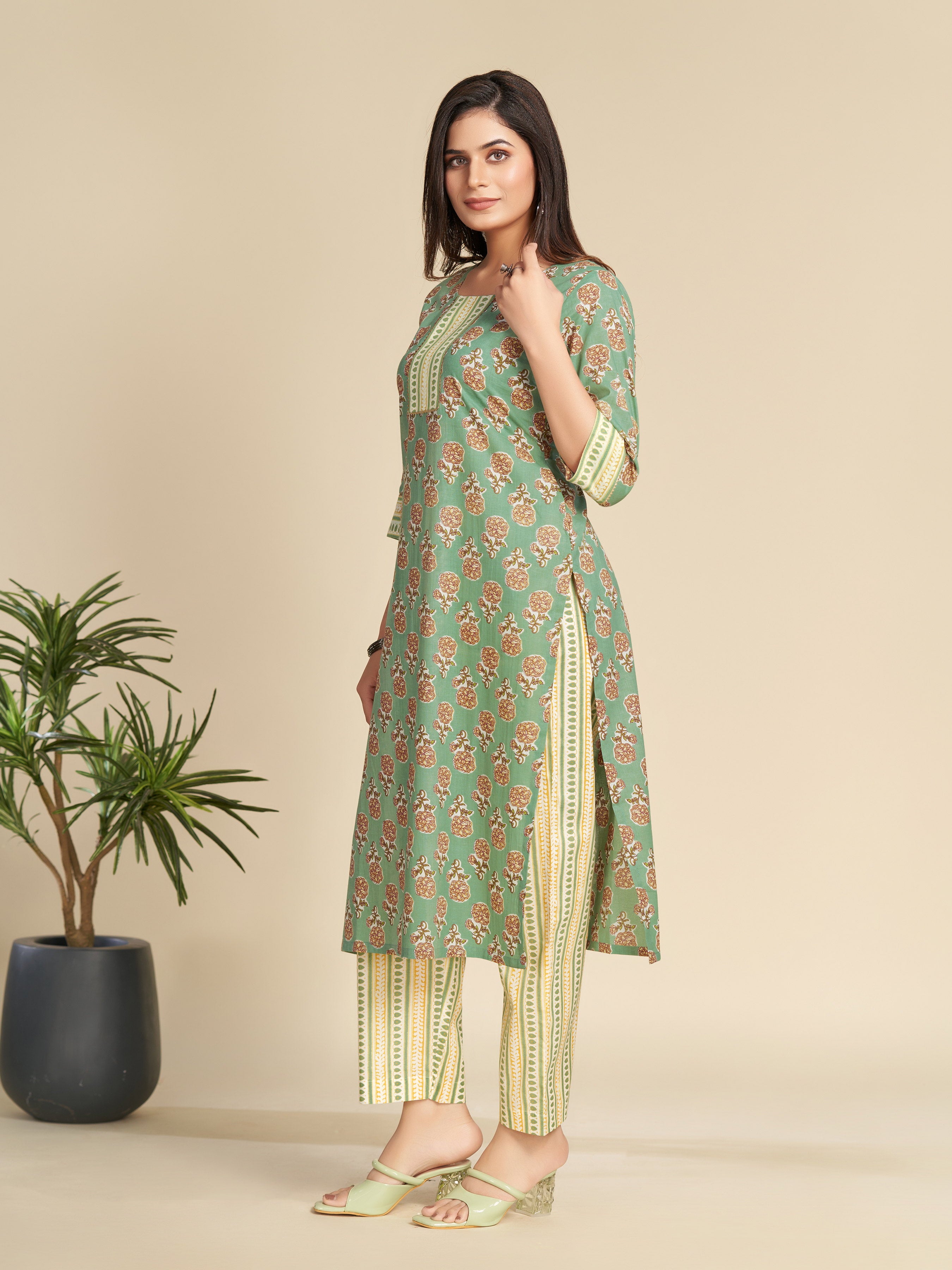 Green Floral Block Printed Pure Cotton Kurta Set