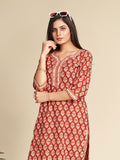 Red Notched Collar Printed Pure Cotton Kurta Set