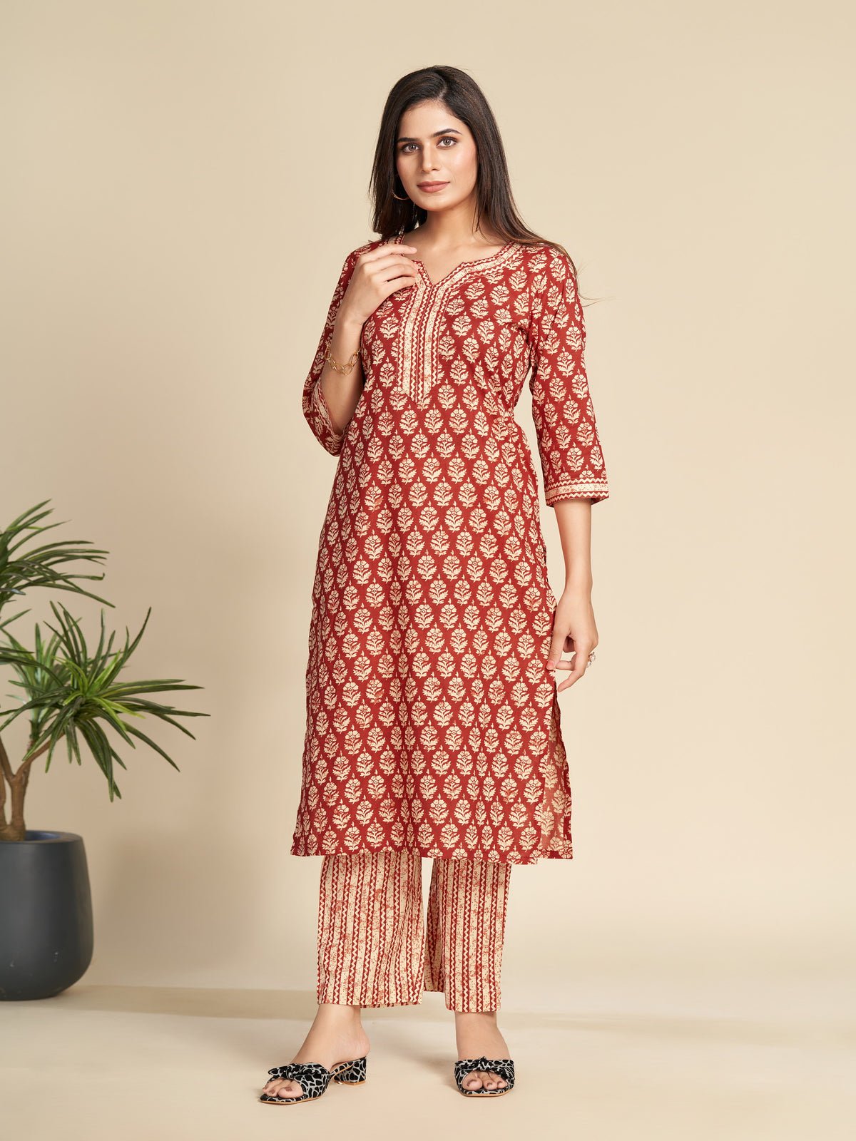 Red Notched Collar Printed Pure Cotton Kurta Set