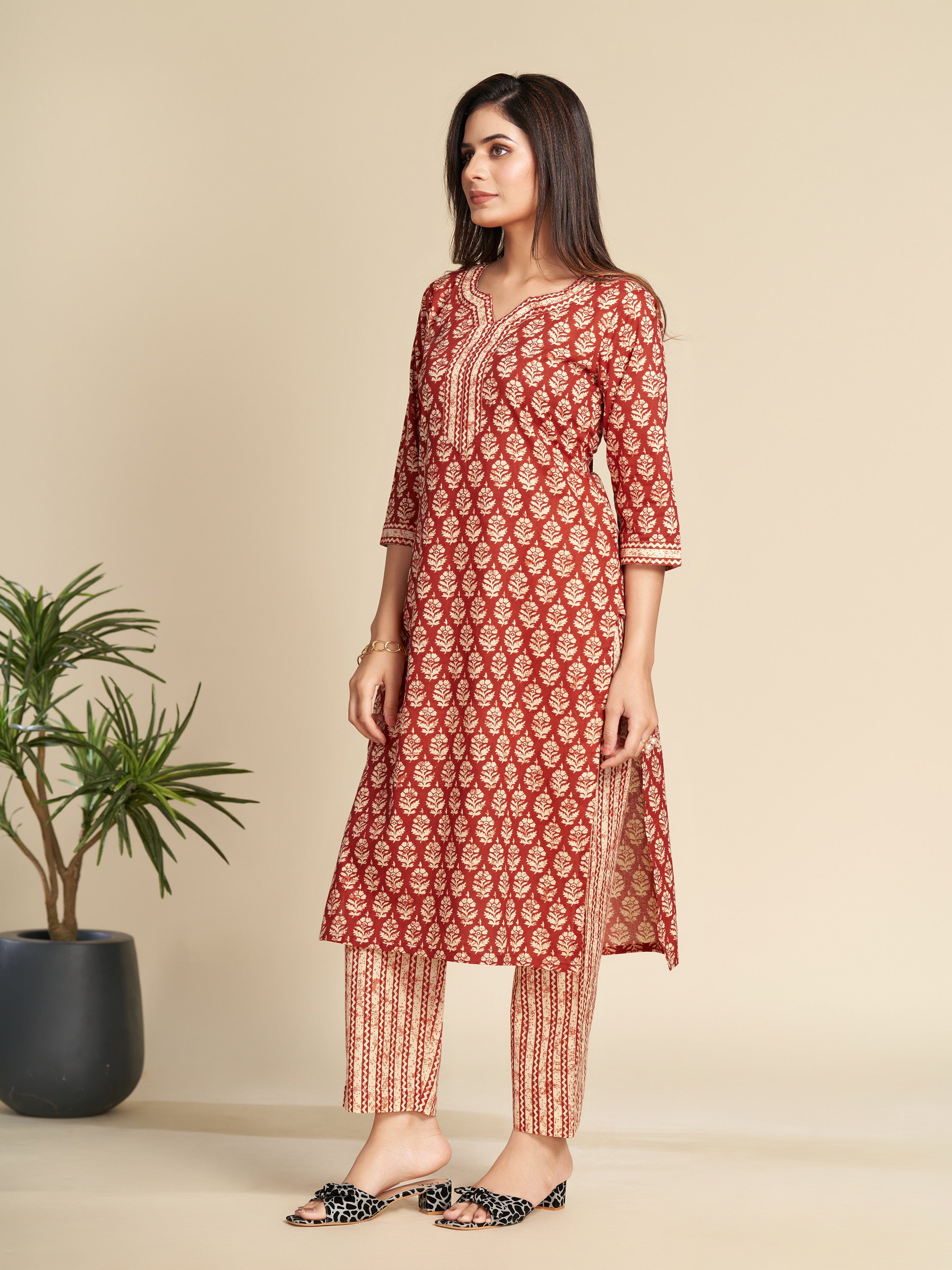 Red Notched Collar Printed Pure Cotton Kurta Set