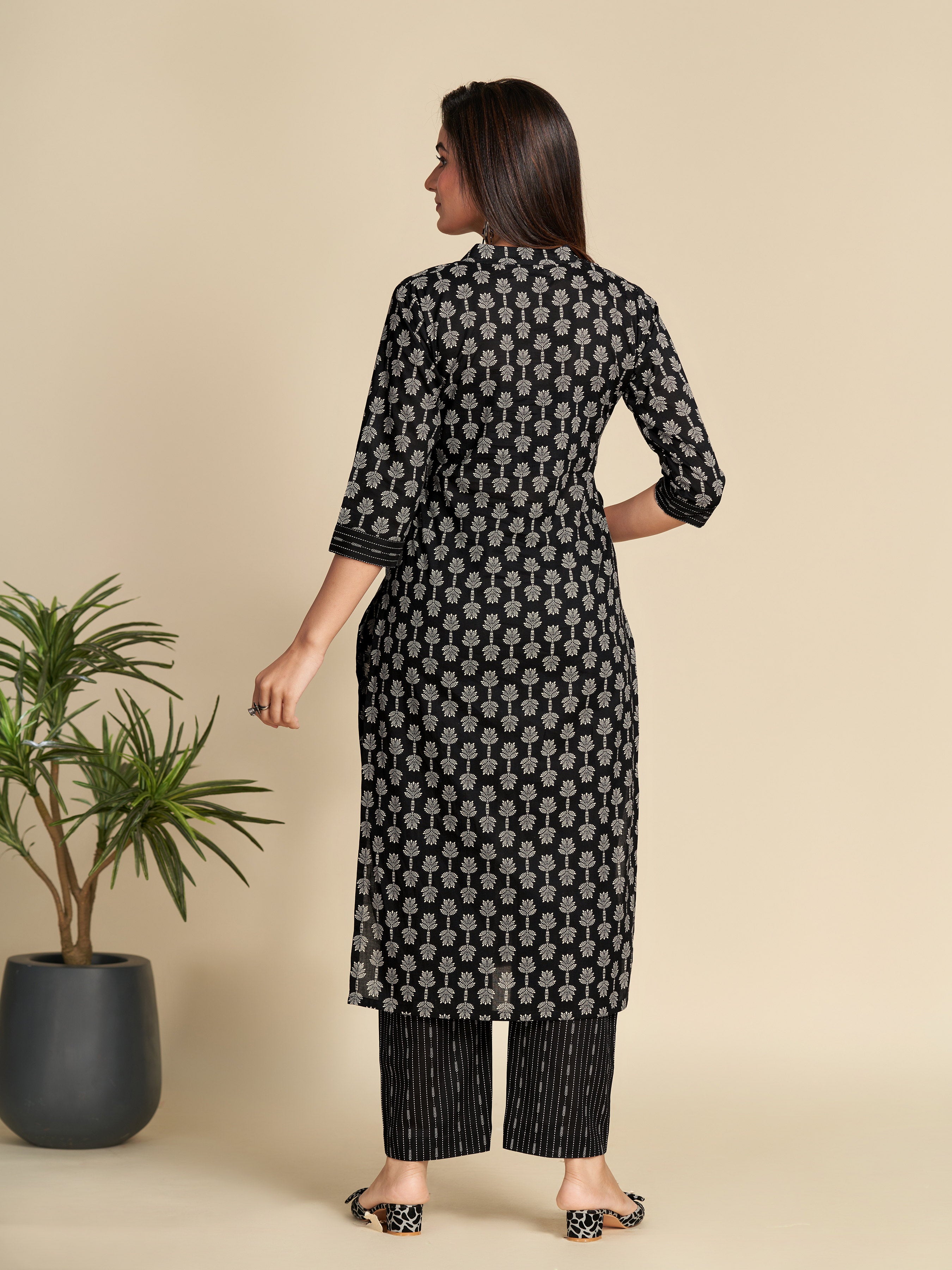 Black Printed Pure Cotton Kurta Set