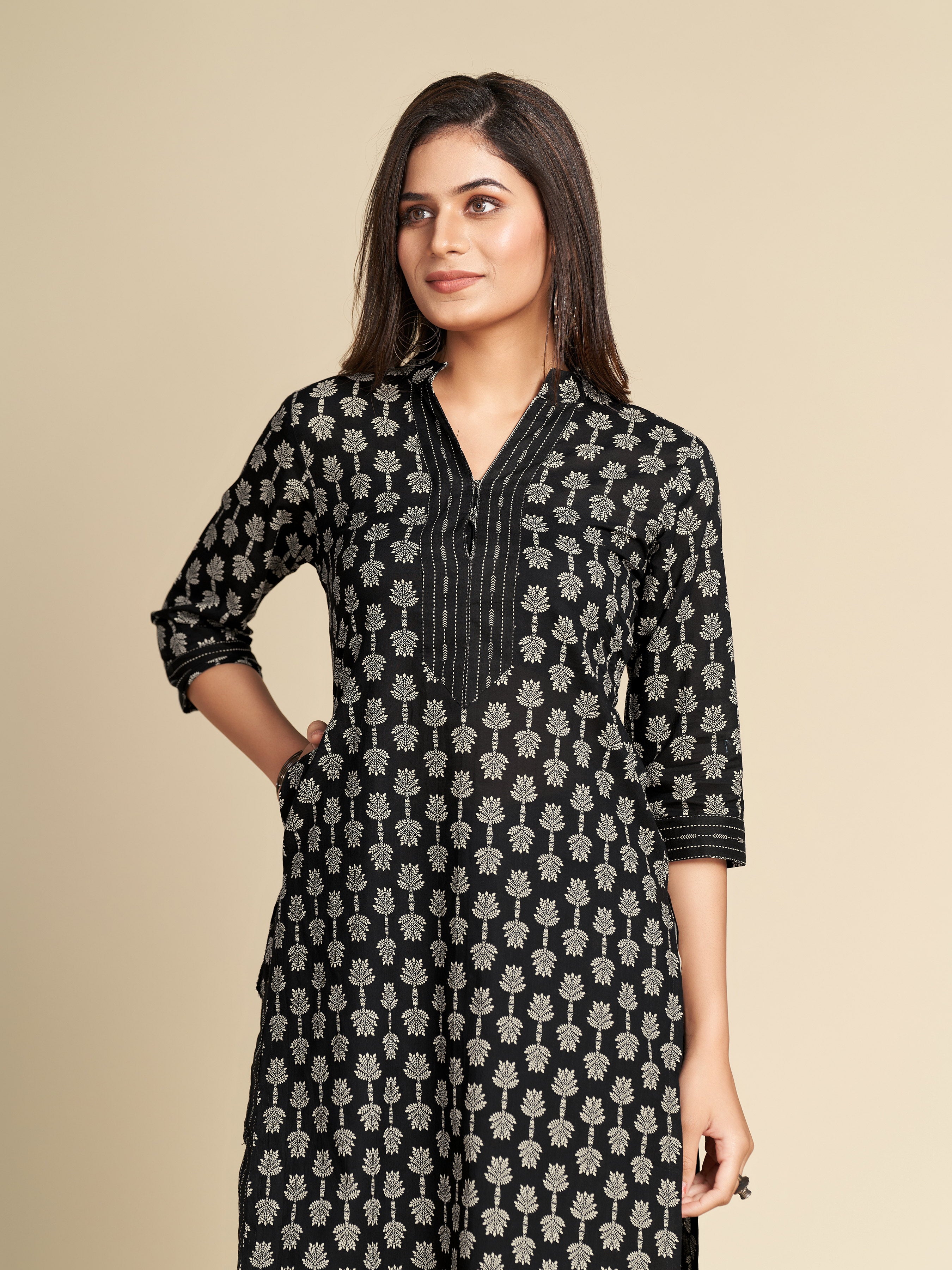 Black Printed Pure Cotton Kurta Set