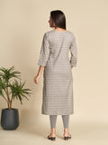 Grey Block Printed Lace V Neck Pure Cotton Straight Kurta