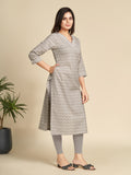 Grey Block Printed Lace V Neck Pure Cotton Straight Kurta