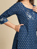 Navy Blue Printed Yoke Design Pure Cotton Kurti