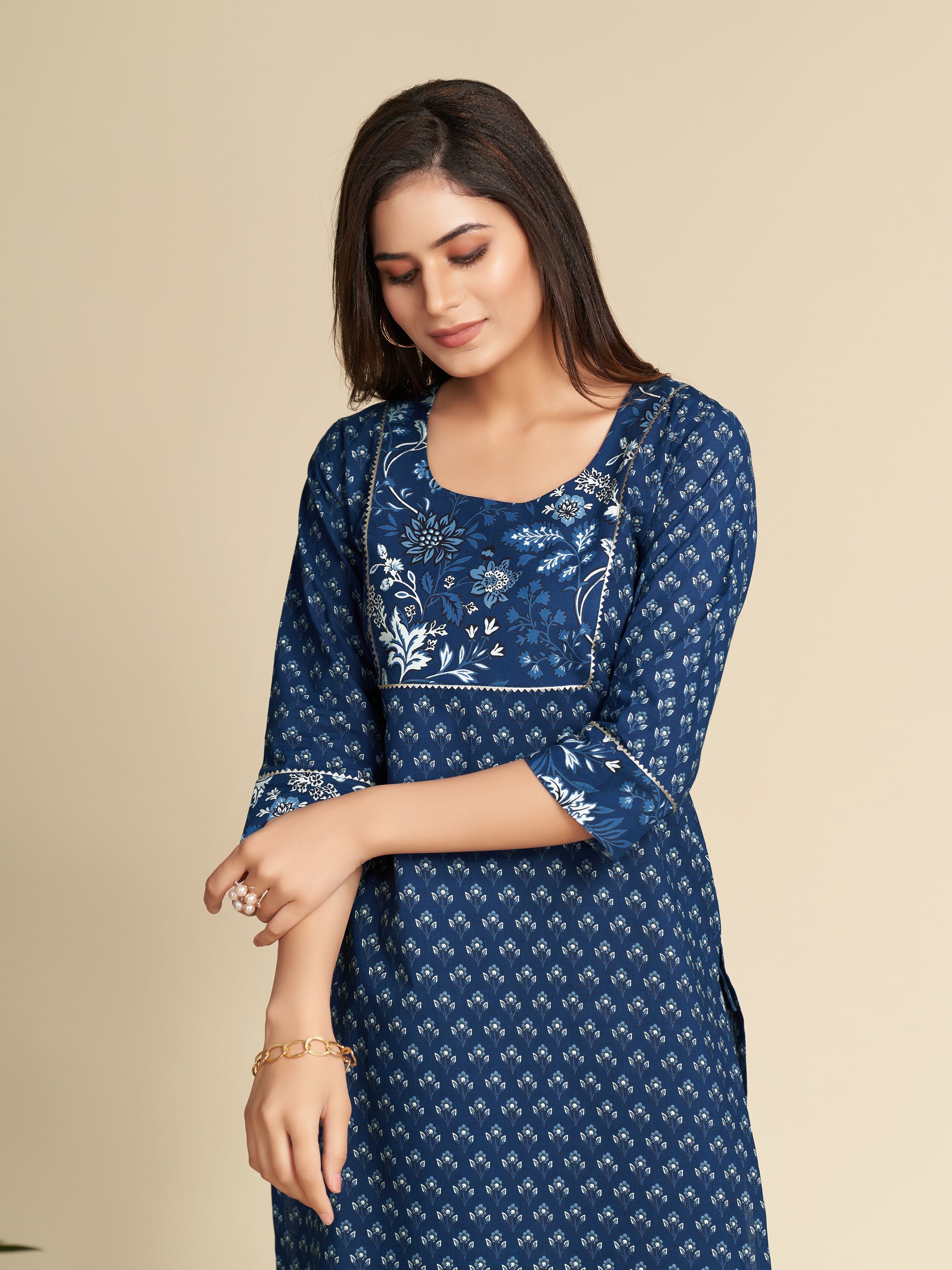 Navy Blue Printed Yoke Design Pure Cotton Kurti