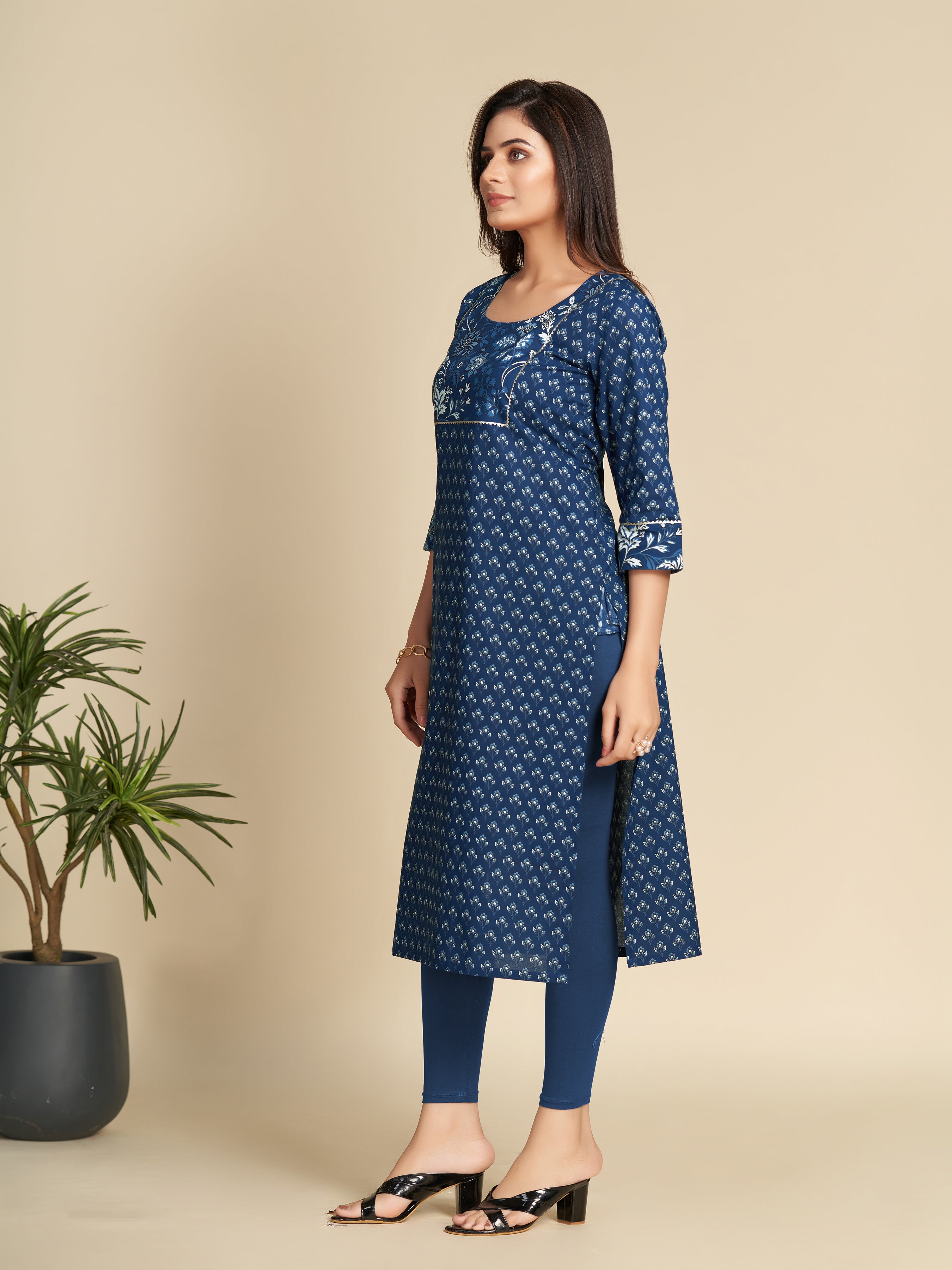 Navy Blue Printed Yoke Design Pure Cotton Kurti