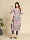 Grey BlockPrinted Floral Notched Neck Pure Cotton StraightKurta