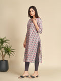 Grey BlockPrinted Floral Notched Neck Pure Cotton StraightKurta