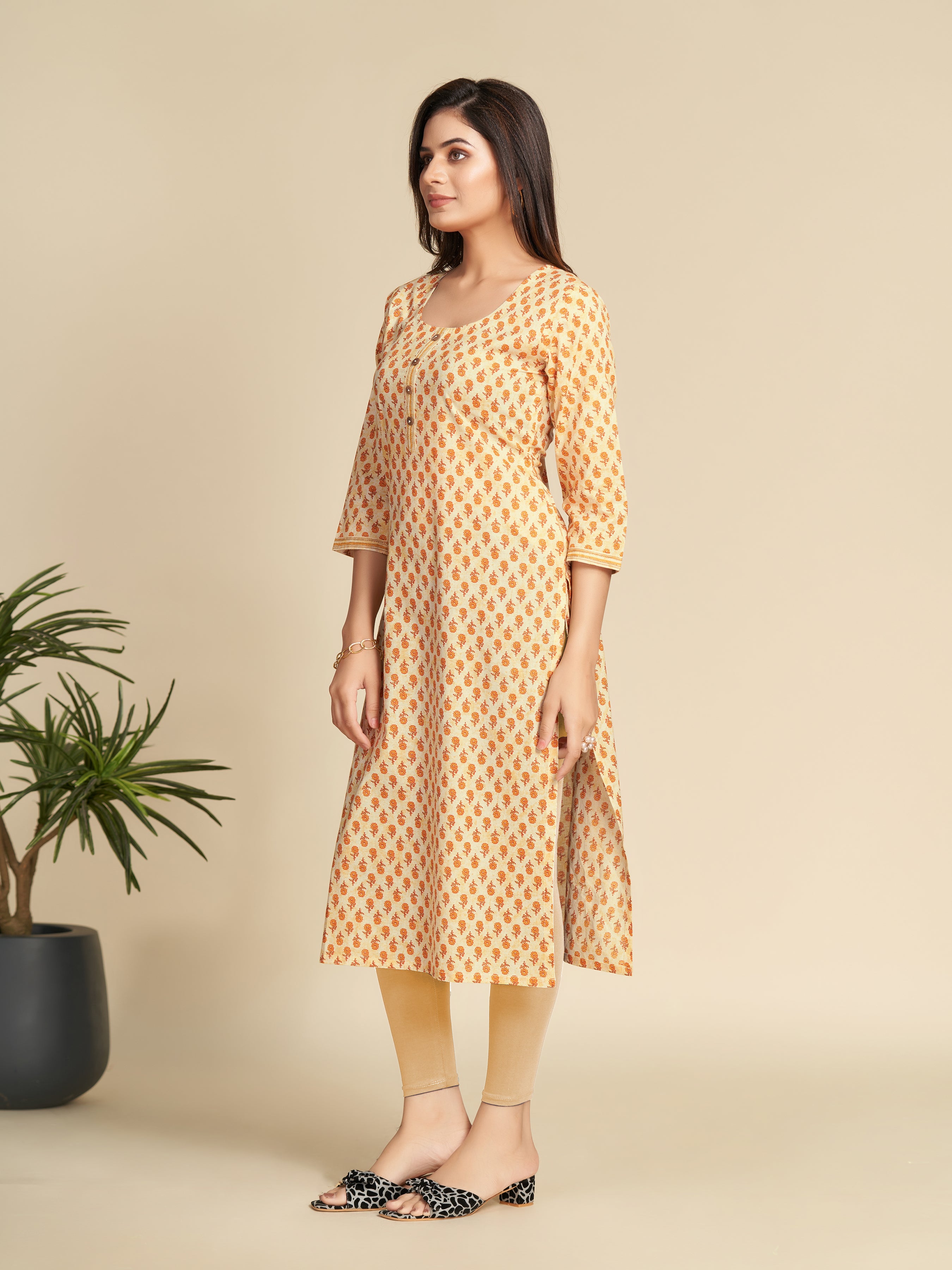 Yellow Printed Pure Cotton Kurti