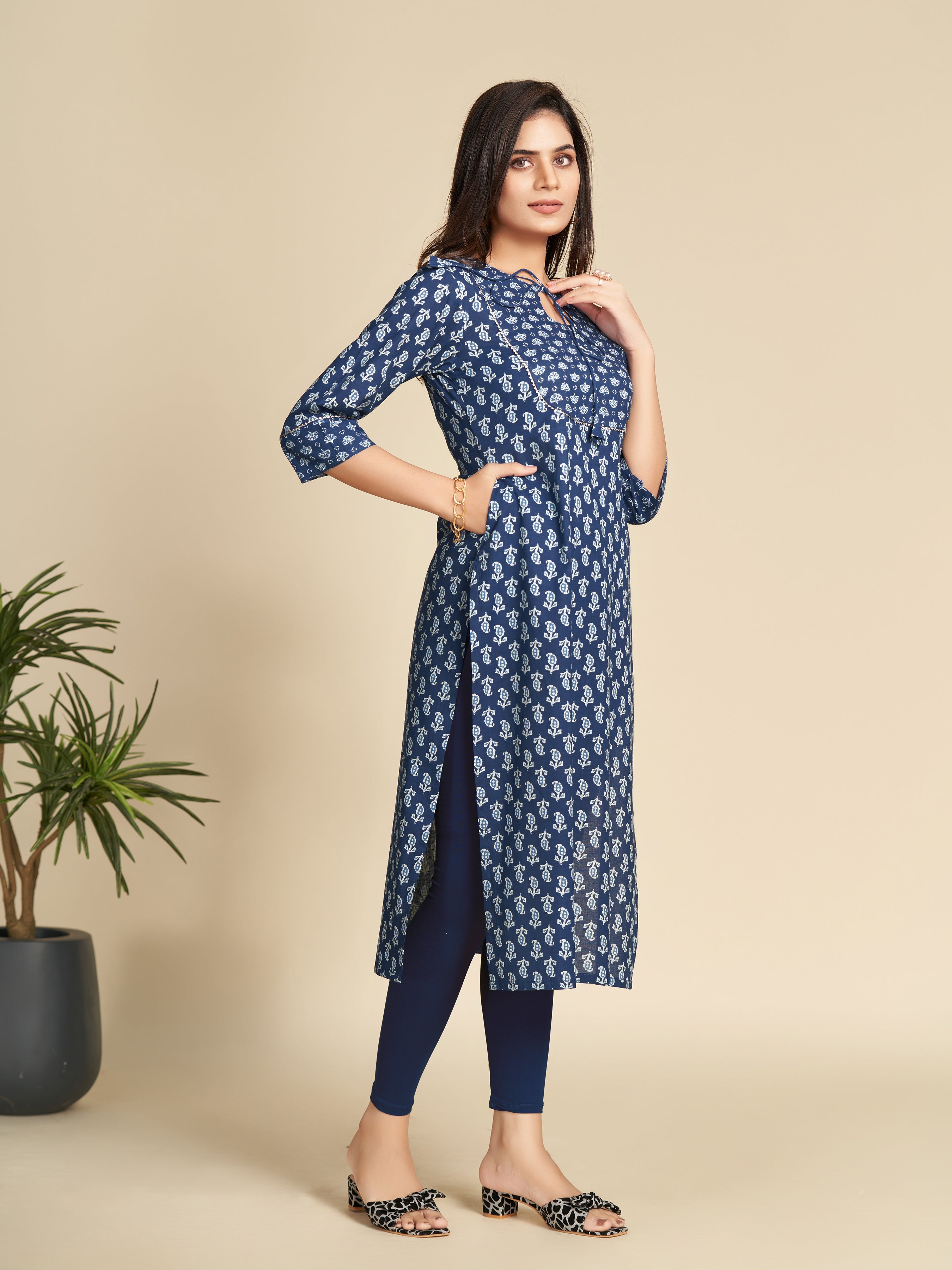 Indigo Block Printed Pure Cotton Straight Kurta