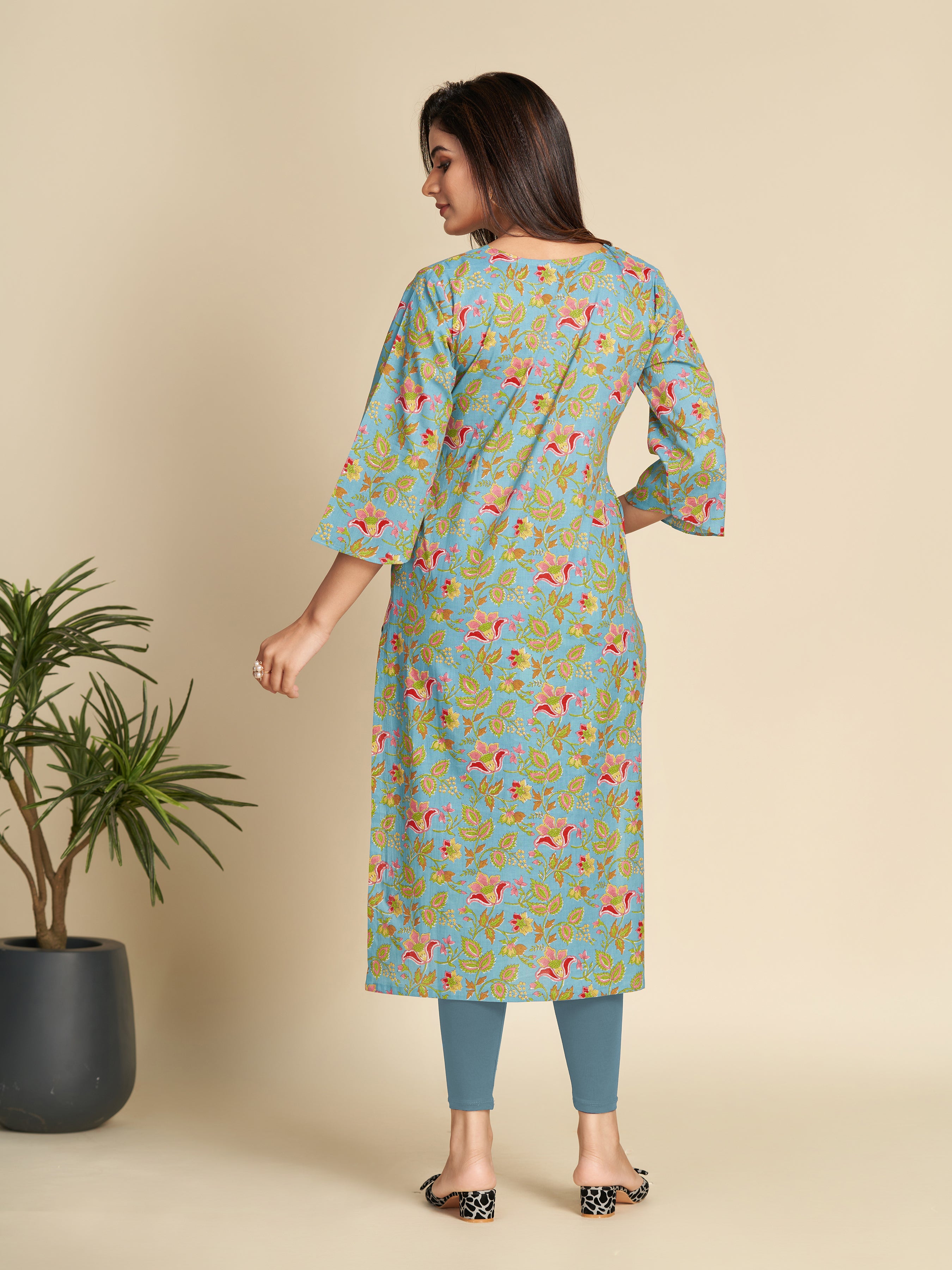 Turquoise All over Printed Pure Cotton Kurti