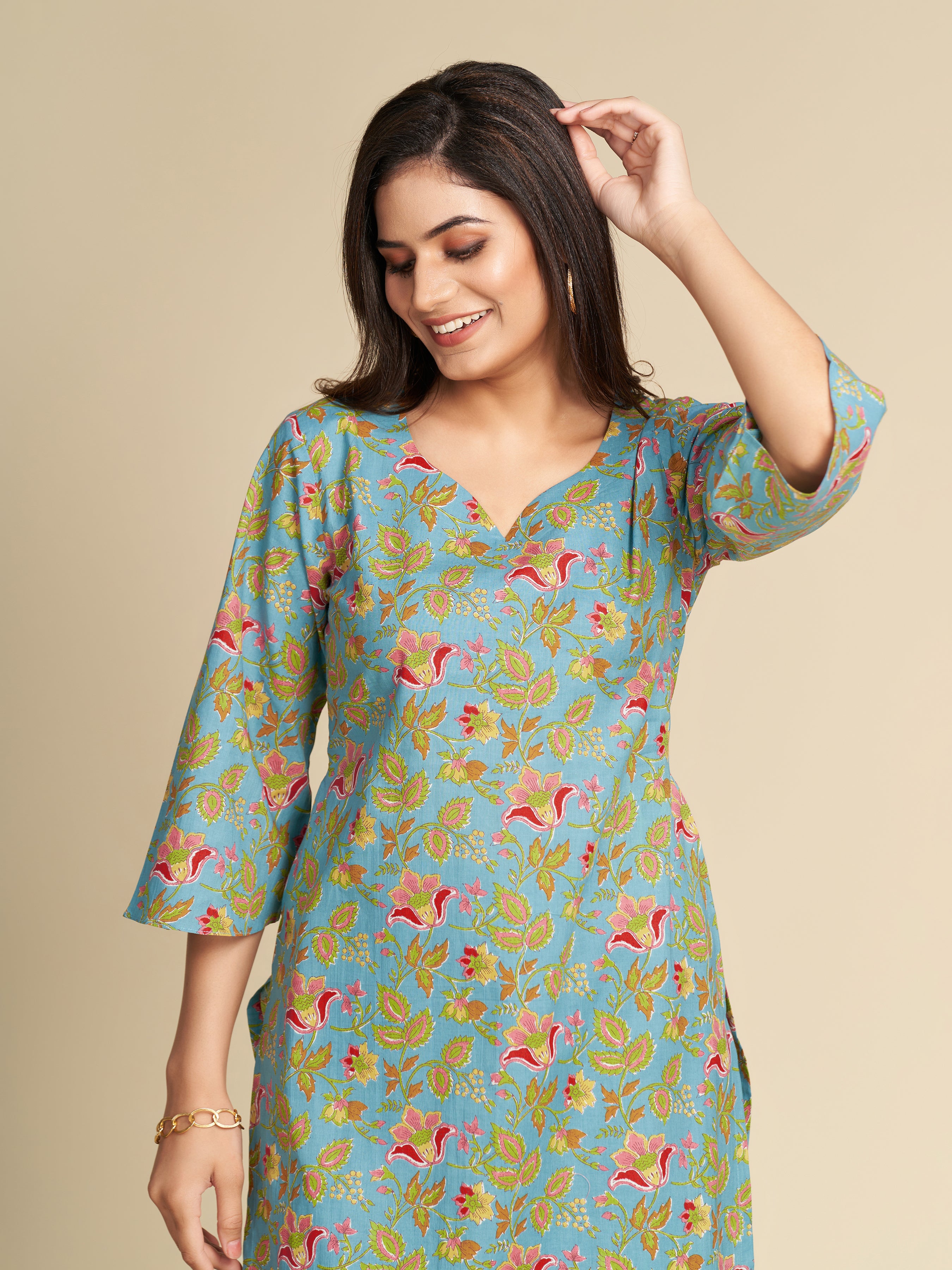 Turquoise All over Printed Pure Cotton Kurti