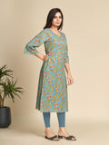 Turquoise All over Printed Pure Cotton Kurti