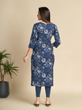 Navy Blue All Over Floral Printed Pure Cotton Straight Kurti