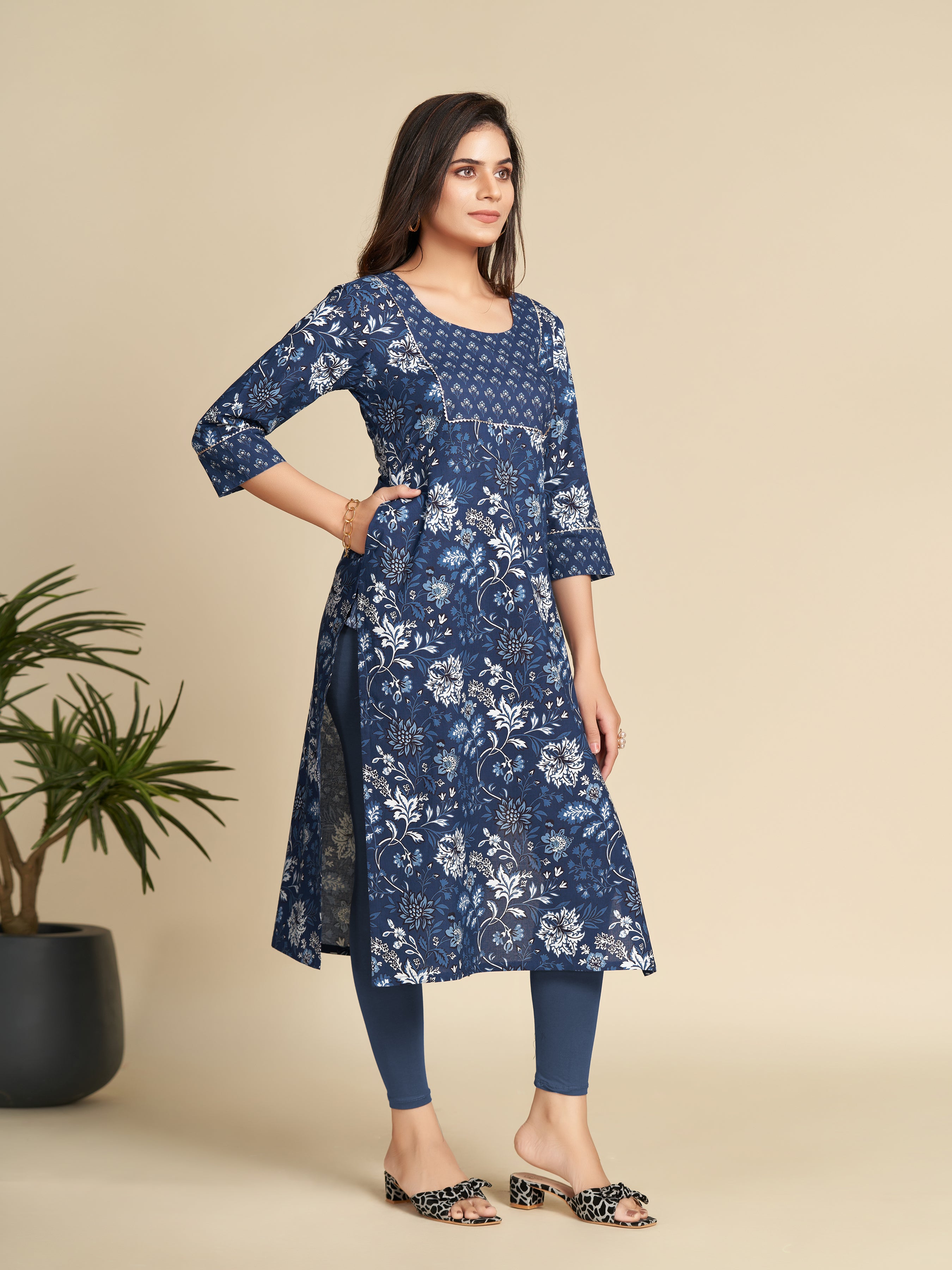 Navy Blue All Over Floral Printed Pure Cotton Straight Kurti