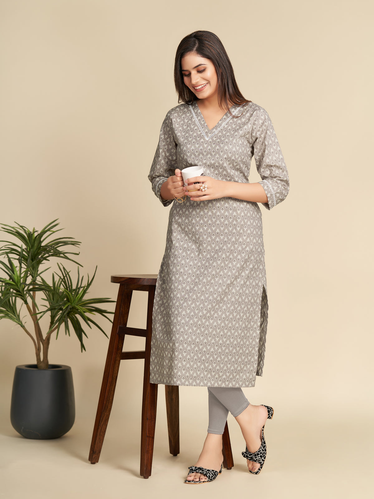 Grey Block Printed Lace V Neck Pure Cotton Straight Kurta