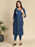 Navy Blue Printed Yoke Design Pure Cotton Kurti