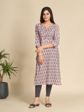 Grey BlockPrinted Floral Notched Neck Pure Cotton StraightKurta