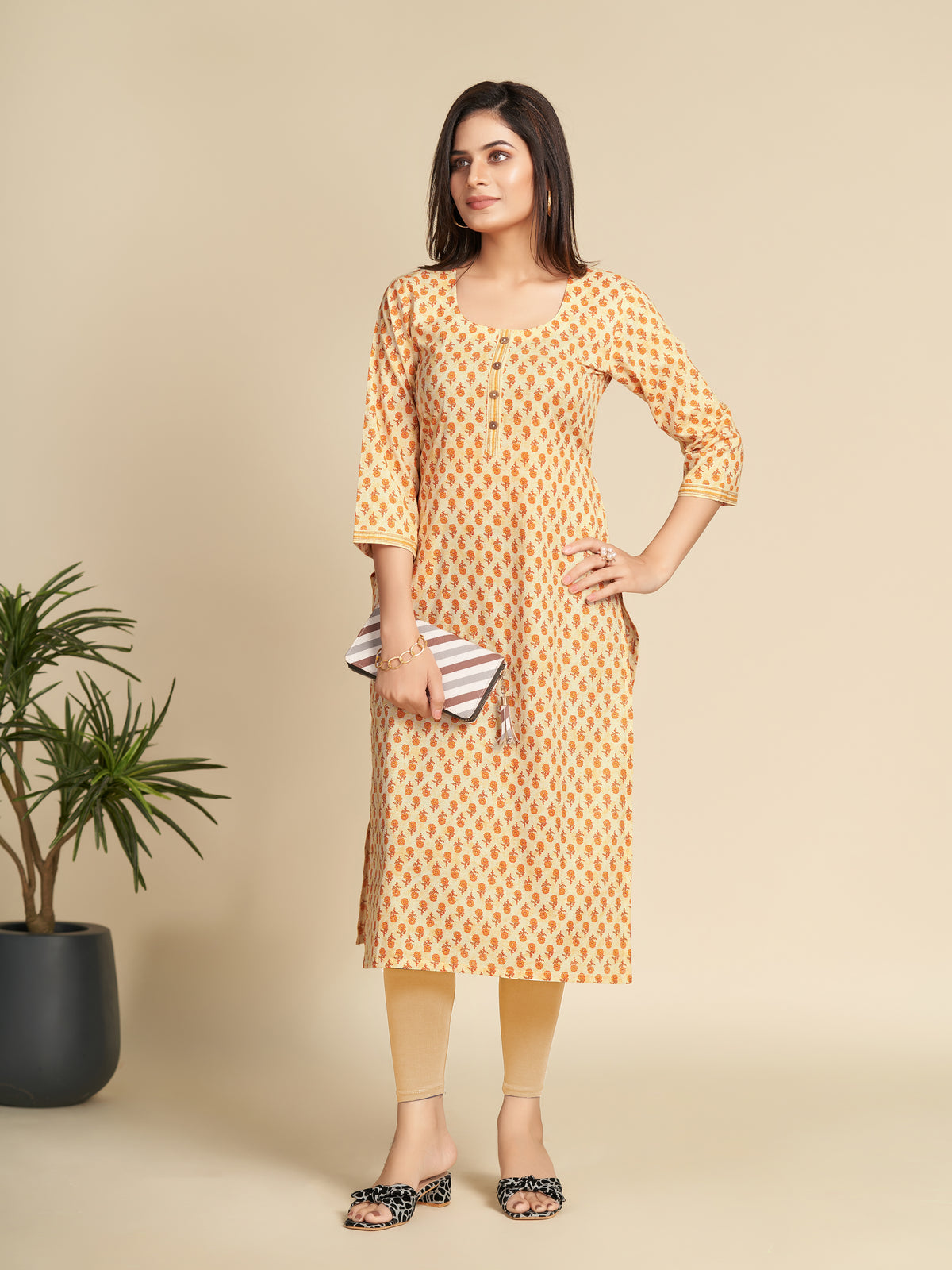 Yellow Printed Pure Cotton Kurti