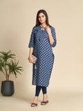 Indigo Block Printed Pure Cotton Straight Kurta