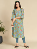 Turquoise All over Printed Pure Cotton Kurti