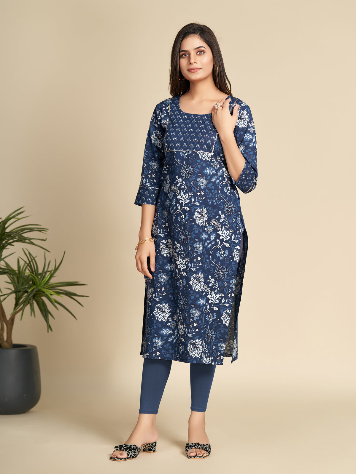 Navy Blue All Over Floral Printed Pure Cotton Straight Kurti