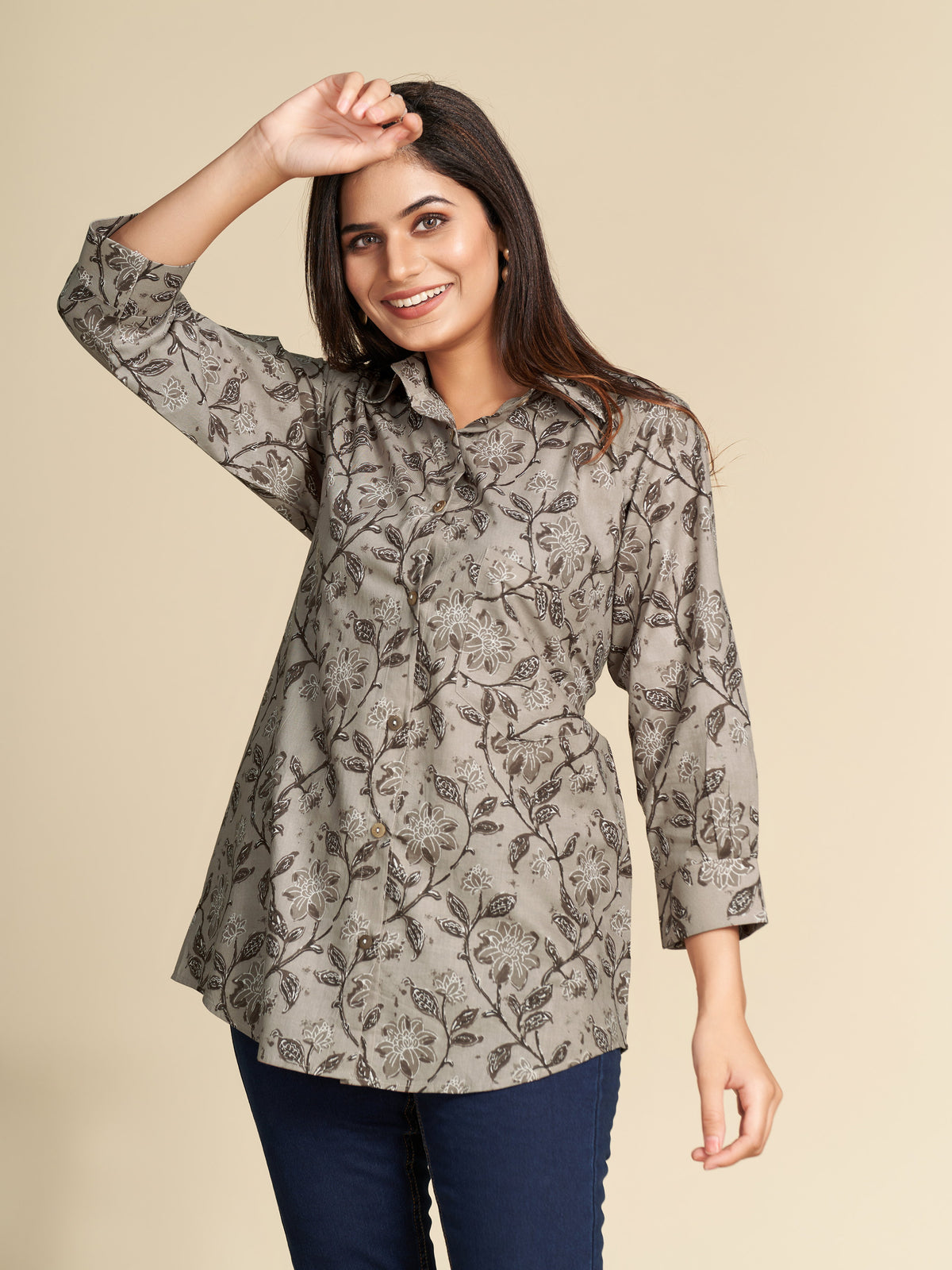 Grey All Over Floral Printed Pure Cotton Shirt