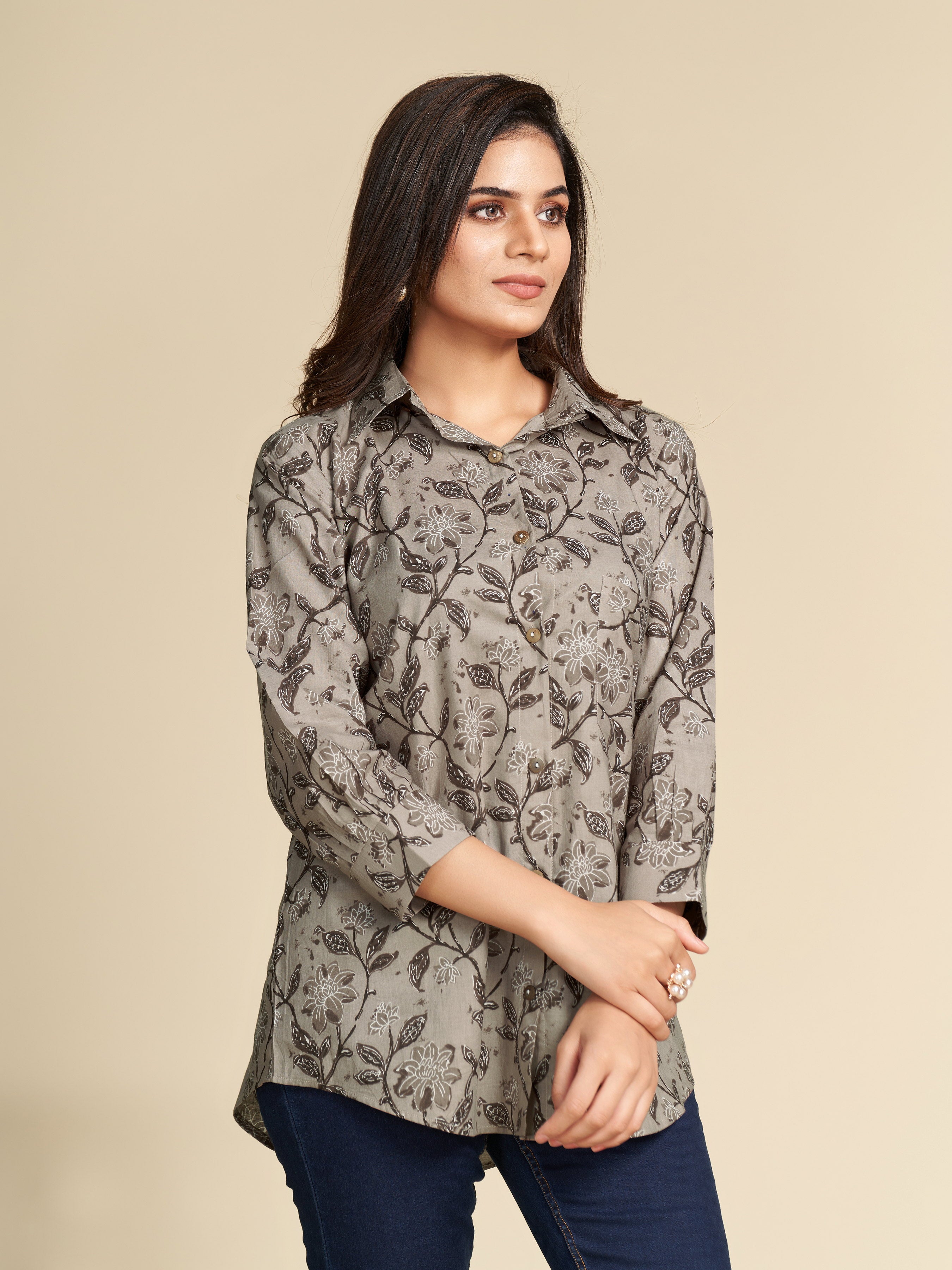 Grey All Over Floral Printed Pure Cotton Shirt