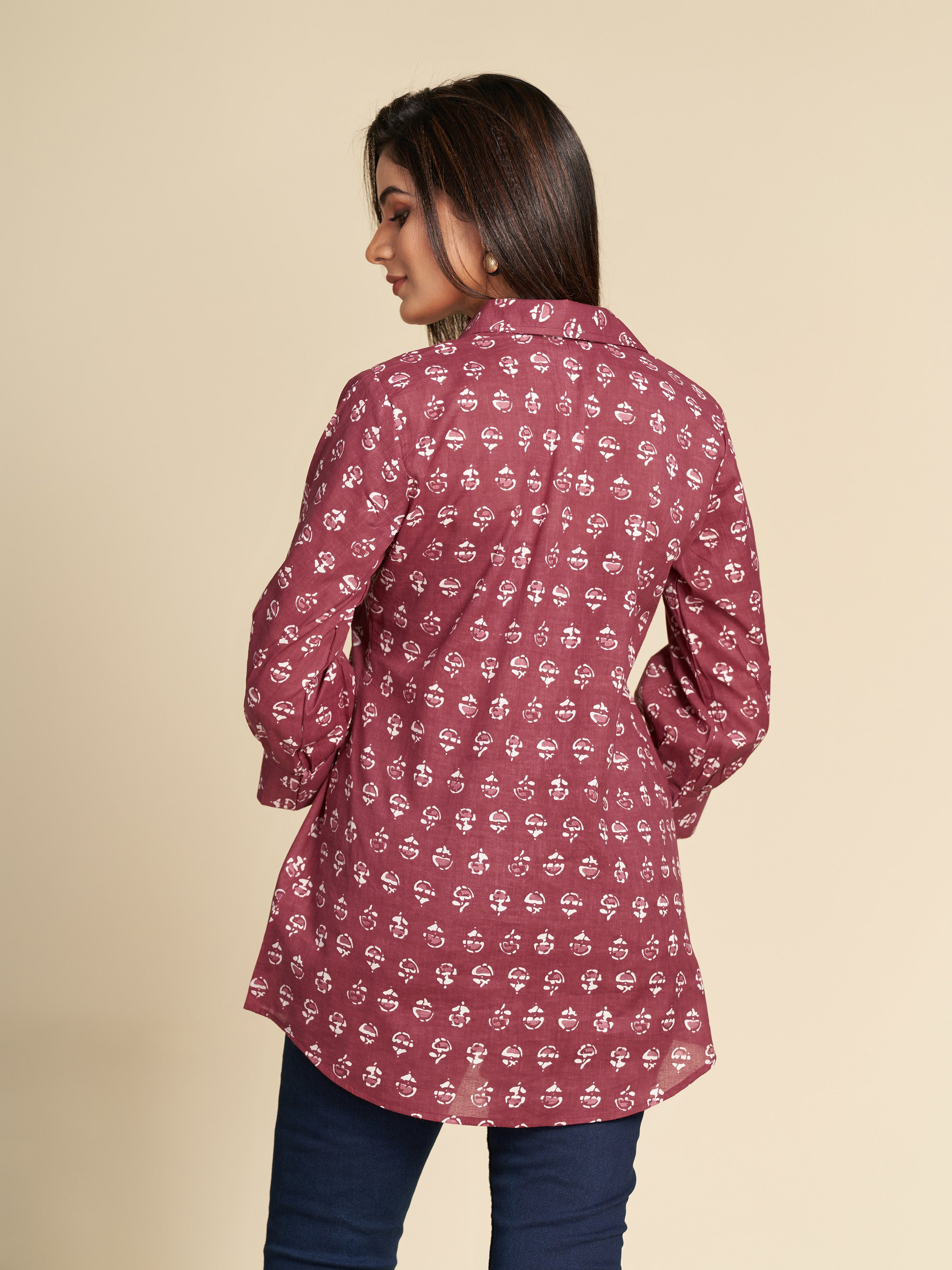 Maroon Block Printed Pure Cotton shirt