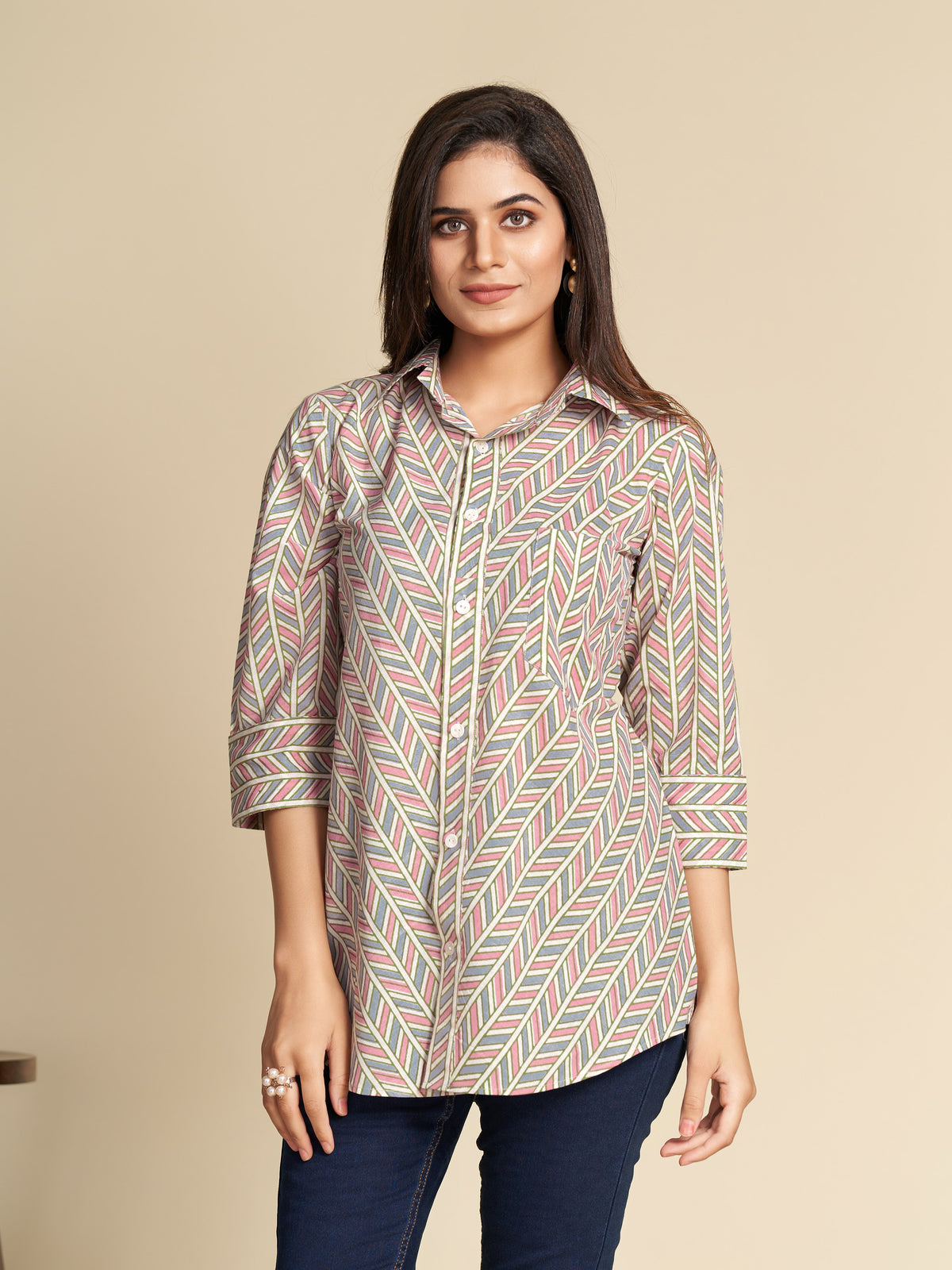 White Chevron Pattern Printed Pure Cotton Shirt